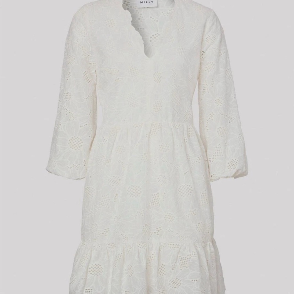 Milly Women's White Lace Brielle Cotton V-Neck Ruffled Shift Dress Size 2 NWT